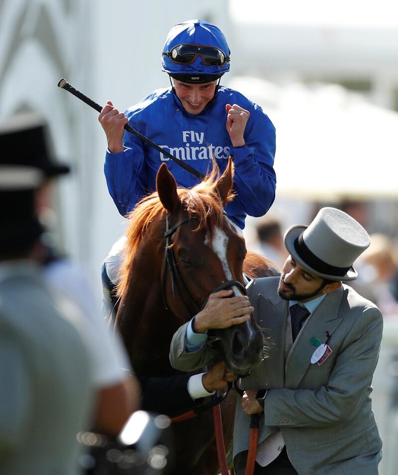 Horse Racing - Derby Festival - Epsom Downs Racecourse, Epsom, Britain - June 2, 2018   William Buick celebrates on Masar after winning the 4.30 Investec Derby   Action Images via Reuters/Andrew Boyers