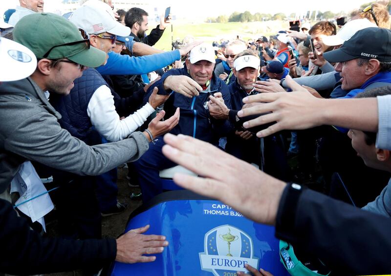 Golf - 2018 Ryder Cup at Le Golf National - Guyancourt, France - September 28, 2018  Team Europe captain Thomas Bjorn with fans during the Foursomes   REUTERS/Paul Childs      TPX IMAGES OF THE DAY