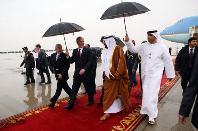 President Sheikh Khalifa welcomes then-US president George W Bush to the UAE at Abu Dhabi International Airport. Photo: National Archives