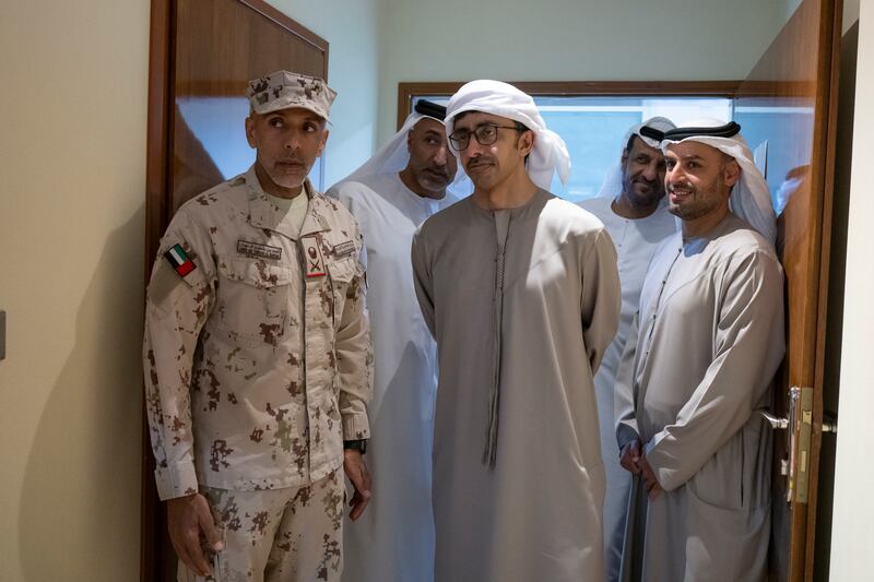 Sheikh Abdullah bin Zayed, Minister of Foreign Affairs, with Sheikh Mohammed bin Hamad, Private Affairs Adviser at the Presidential Court, and Maj Gen Sheikh Ahmed bin Tahnoon Al Nahyan, Deputy Chief of Staff of the UAE Armed Forces, at Zayed Military Hospital