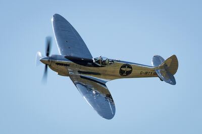 epa07758556 A handout picture provided by the British Ministry of Defence (MOD) showing the Silver Spitfire takes off from Goodwood Aerodrome, Hampshire, southern England, 05 August 2019, issued 06 August 2019. The MOD report that in 2019 two aviators, Matt Jones and Steve Brooks, will attempt to fly a Silver Spitfire around the world, taking in some of the most famous landmarks on the planet from the Grand Canyon in the West to the snow-capped peak of Mount Fuji in the East. The Spitfire is a British treasure and an emblem of freedom across the globe. The Silver Spitfire expedition will hopefully promote the â€˜Best of Britishâ€™ worldwide showcasing the nationâ€™s heritage in engineering excellence, and an aircraft that changed the course of history. The Spitfire embodies not only a pinnacle in aerospace engineering and design but commemorates a generation of intrepid aviators prepared to stand up to oppression and make the ultimate sacrifice in pursuit of freedom. The expedition will reunite the Spitfire with the many countries that owe their freedom, at least in part, to this iconic aircraft. The unmistakable sight and sound of this aircraft once again gracing the skies aims to inspire future generations more than eighty years after R.J. Mitchellâ€™s timeless design first graced the skies.  EPA/SAC ED WRIGHT RAF / BRITISH MINISTRY OF DEFENCE / HANDOUT MANDATORY CREDIT: MOD/CROWN COPYRIGHT HANDOUT EDITORIAL USE ONLY/NO SALES