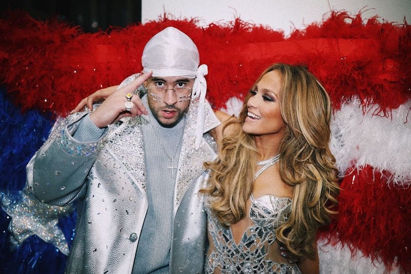 Bad Bunny and Jennifer Lopez backstage at Super Bowl LIV on February 2, 2020. Instagram / Bad Bunny 