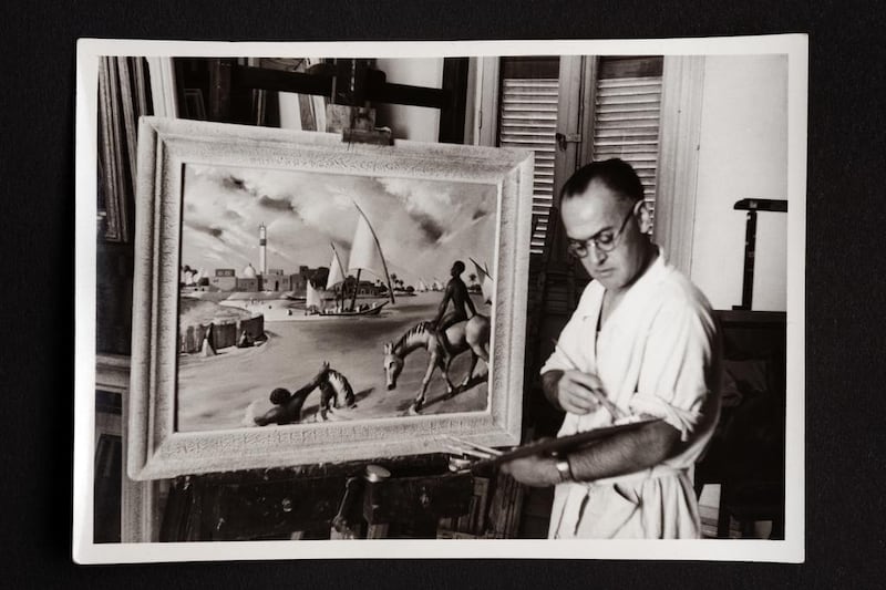 Mahmoud Said at his studio in Ginaclis, Alexandria, painting Bain de Chevaux a Rosette in 1950. Photo by Henri El Kayem
