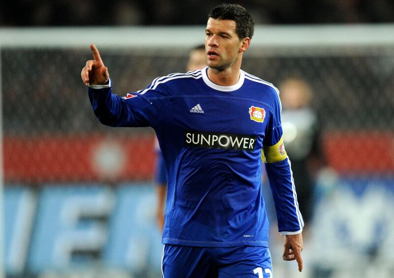 Bayer Leverkusen's Michael Ballack gestures during the German Bundesliga first division soccer match against Hanover 96 in Hanover December 10, 2011.  REUTERS/Fabian Bimmer (GERMANY - Tags: SPORT SOCCER) DFL LIMITS USE OF IMAGES ON THE INTERNET TO 15 PICTURES DURING THE MATCH AND, PROHIBITS MOBILE (MMS) USE DURING AND UP TO 2 HOURS POST MATCH. FOR MORE INFORMATION CONTACT DFL
