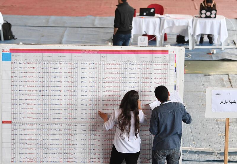 Staff of Tunisia's Independent Higher Authority for Elections (ISIE) count the results of the municipal vote at a sorting center in Ariana near the capital Tunis on May 7, 2018, one day after the North African nation held its first free municipal elections since the 2011 revolution.  / AFP PHOTO / FETHI BELAID