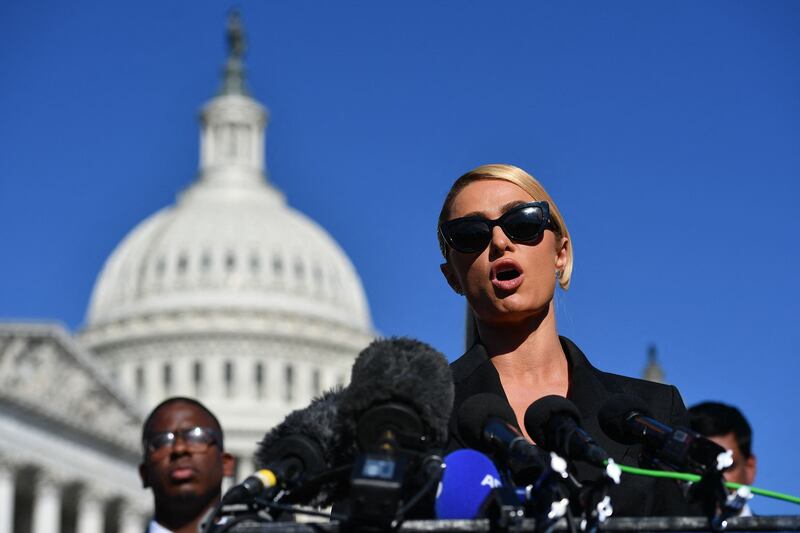 Paris Hilton speaks during a press conference at the US Capitol on legislation to establish a bill of rights to protect children placed in congregate care centres. AFP