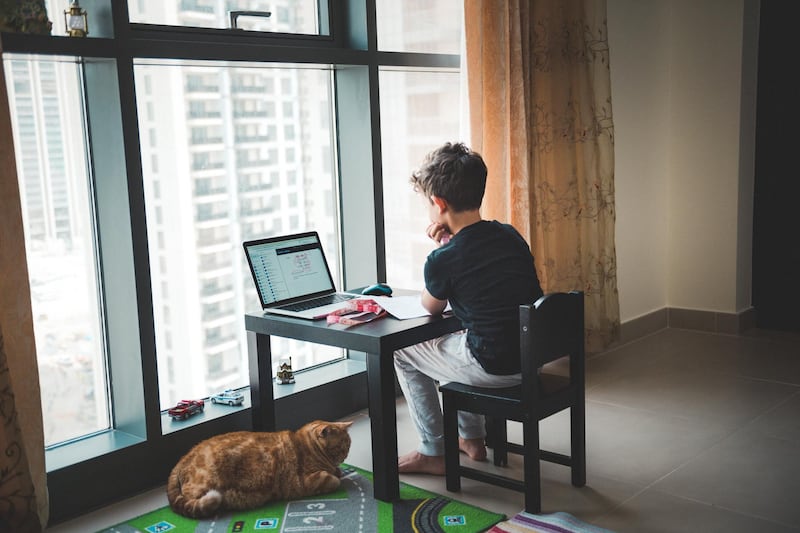 Child is attending a math lesson online in his room.