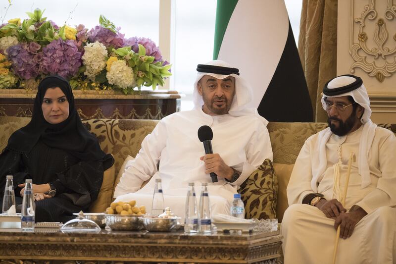 Sheikh Mohammed bin Zayed receives businessmen who contributed to Sandooq Al Watan. With him are Sheikh Tahnoon bin Mohammed, Ruler’s Representative of the Eastern Region of Abu Dhabi, and Dr Amal Abdullah Al Qubaisi, Speaker of the Federal National Council. Hamad Al Kaabi / Crown Prince Court - Abu Dhabi