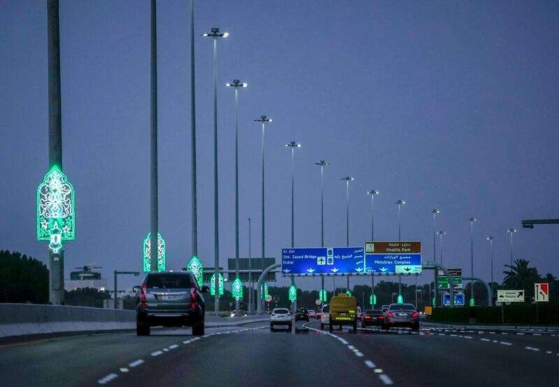 Abu Dhabi, United Arab Emirates, May 2, 2020.  Ramadan lights at the Eastern Mangrove Road.
Victor Besa / The National
Section:  NA
For:  Standalone / Stock images