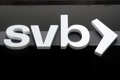 A sign for a Silicon Valley Bank private branch is displayed in San Francisco, California. AP