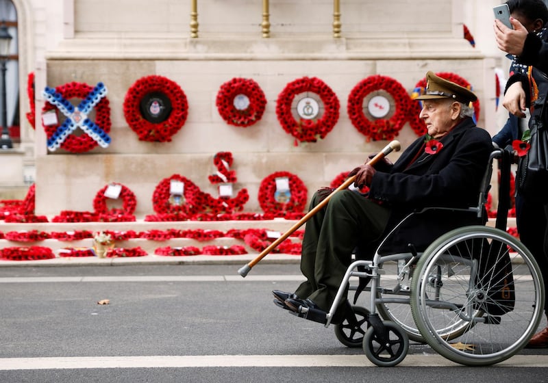 A veteran pays his respects at the Cenotaph in Whitehall, London. Reuters