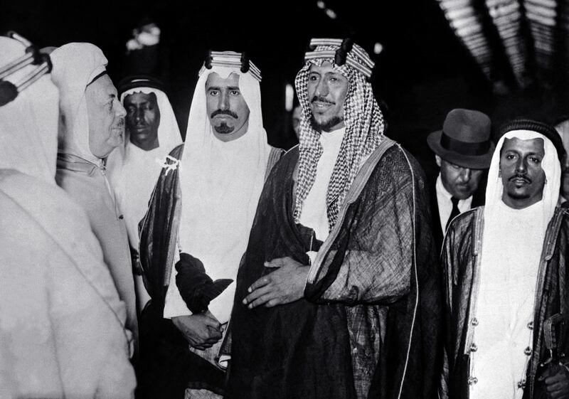 Saudi Arabia King Saud ibn Abdalaziz jokes during a meeting in 1953 in Riyadh. He succeeded his father, King Ibn Saud, in November 1953 but in March 1958 he bowed to pressure from the royal family and conferred full powers to Crown Prince Faisal ibn Abdalaziz and abdicated in November 1964. He died in February 1969. Photo AFP