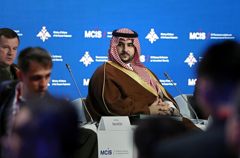 epa07524557 Saudi Arabian Deputy Defence Minister Prince Khalid bin Salman bin Abdulaziz Al Saud (C) attends during the MCIS Moscow Conference on International Security in Moscow, Russia, 24 April 2019.  EPA/YURI KOCHETKOV