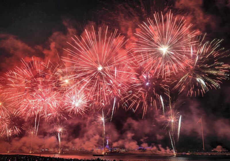 Abu Dhabi, United Arab Emirates - The massive colourful display of fireworks to ring in 2019 at the Corniche on December 31, 2018. Khushnum Bhandari for The National

