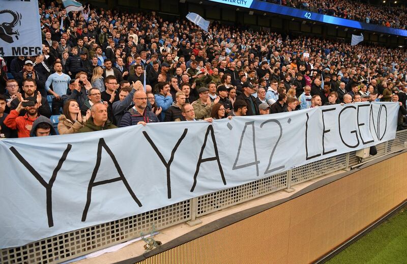 MANCHESTER, ENGLAND - MAY 09:  A sign is seen reading 'yaya 42 legend'  during the Premier League match between Manchester City and Brighton and Hove Albion at Etihad Stadium on May 9, 2018 in Manchester, England.  (Photo by Mike Hewitt/Getty Images)