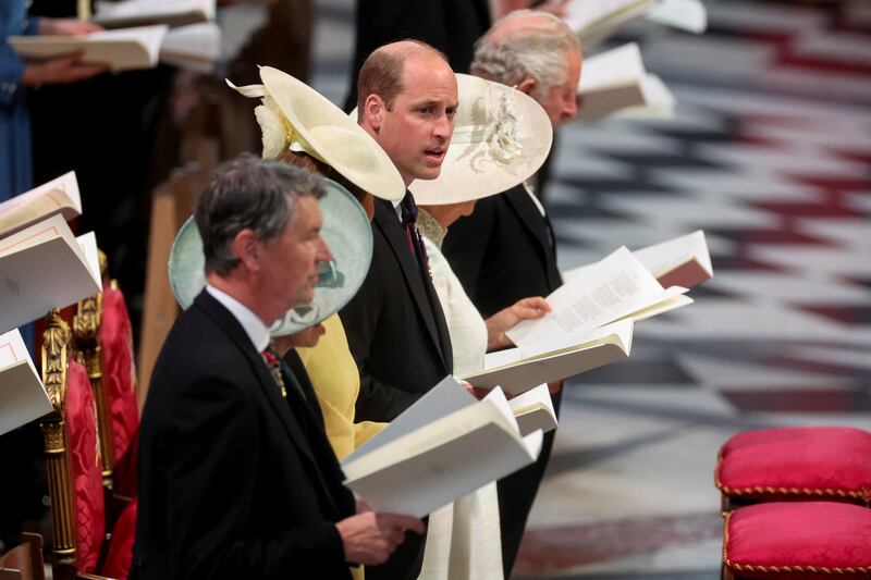 From left, Vice Admiral Sir Tim Laurence, the Princess Royal, and the Duke and Duchess of Cambridge at the service of thanksgiving. PA