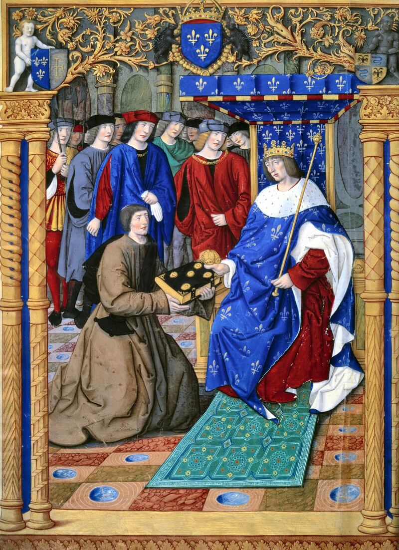 Francesco Petrarca or Petrarch presenting his book to King Louis XII of France. Miniature from Remedies for fortune fair and foul (De Remediis utriusque fortunae) written by Petrarch (1304-1374) and illuminated by Jean Pichore circa 1503. Bibliotheque Nationale, Paris, France (Photo by Leemage/Corbis via Getty Images)