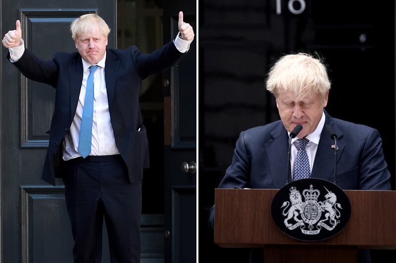 Boris Johnson became UK prime minister in July 2019, left, and resigned three years later in July 2022, right. Here 'The National' looks back at his colourful time as leader of the country. Getty Images / Reuters