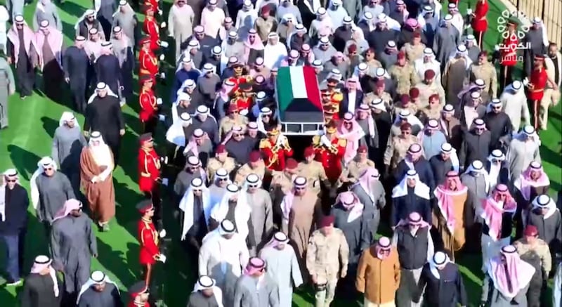 Shrouded in Kuwait's flag, the Emir’s body arrived at 8.55am in a hearse belonging to the Amiri Diwan. photo: Kuna / X 