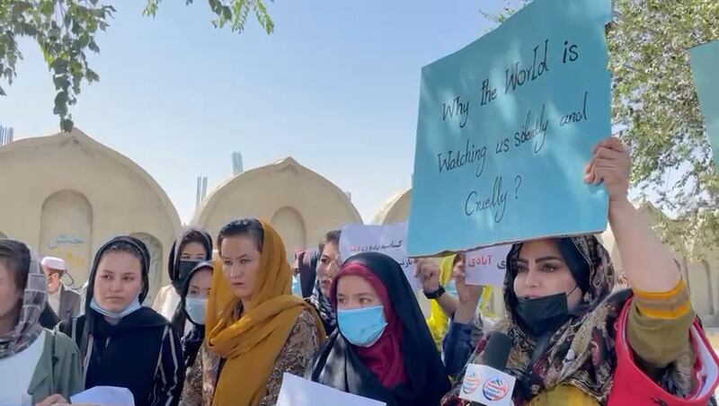 A group of Afghan women protest in Kabul after the Taliban announced their new government in Afghanistan. AFP