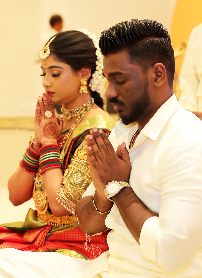 Iswarya Sundararajan and Arvindh Selvam are among several couples who were married at the Hindu temple in Jebel Ali this year