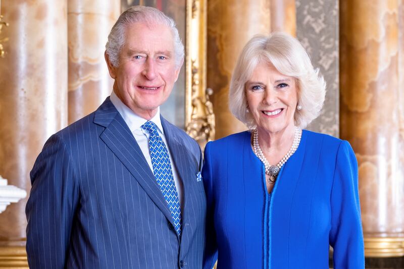 King Charles III and Camilla, the Queen Consort, in the Blue Drawing Room at Buckingham Palace, London. Photo: Royal Household