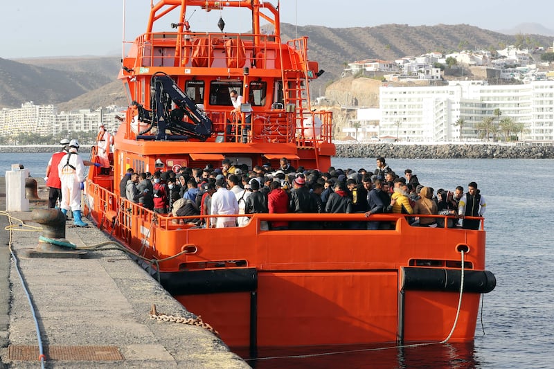 Another boatload of rescued migrants arrives at Arguineguin harbour, Gran Canaria, on February 11, 2022. EPA