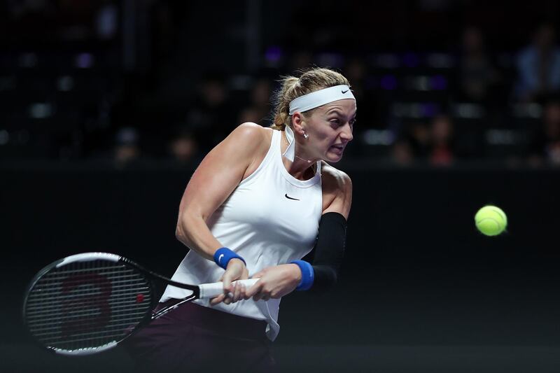 Petra Kvitova returns to Ashleigh Barty during their WTA FInal match in Shenzhen. Getty Images