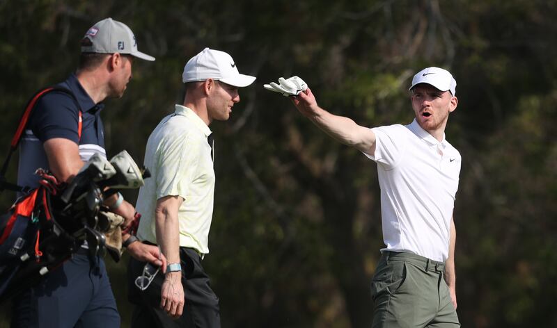 Liverpool players Andrew Robertson and James Milner during the pro-am ahead of the Slync.io Dubai Desert Classic. Getty