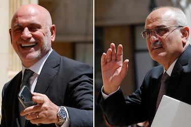 A combo picture shows Lebanese Public Works and Transportation Minister Youssef Fenianos entering parliament in Beirut, Lebanon, May 23, 2018, left, and Lebanese former Finance Minister Ali Hassan Khalil arriving at the parliament, in Beirut, Lebanon, July 16, 2019. The U.S. Treasury on Tuesday, Sept. 8, 2020 sanctioned Fenianos, a senior member of the Christian Marada Movement that is allied with Hezbollah and the Syrian government, and Khalil, currently a member of the Lebanese Parliament, saying they "provided material support to Hezbollah and engaged in corruption.” (AP Photo/Hussein Malla)
