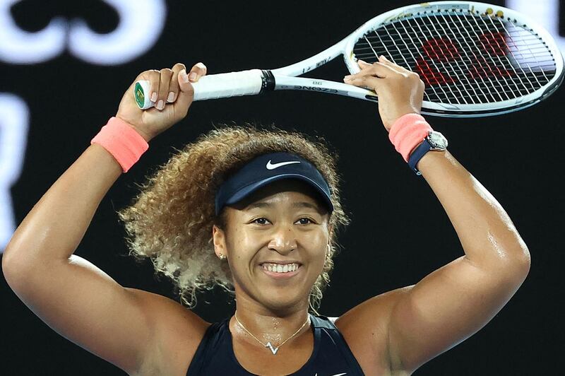 Naomi Osaka celebrates after winning match-point against Jennifer Brady. AFP