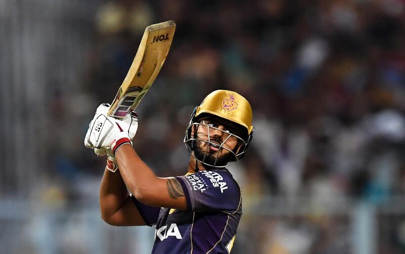 Kolkata Knight Riders's cricketer Nitish Rana plays a shot during the 2019 Indian Premier League (IPL) Twenty 20 cricket match between Kolkata Knight Riders and Rajasthan Royals at the Eden Gardens Cricket Stadium, in Kolkata, on April 25, 2019. (Photo by DIBYANGSHU SARKAR / AFP) / ----IMAGE RESTRICTED TO EDITORIAL USE - STRICTLY NO COMMERCIAL USE-----