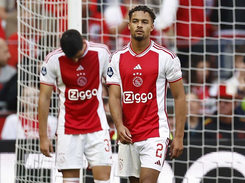 Josip Sutalo, left, and Devyne Rensch of Ajax during the abandoned Eredivisie match against Feyenoord on September 24, 2023. EPA