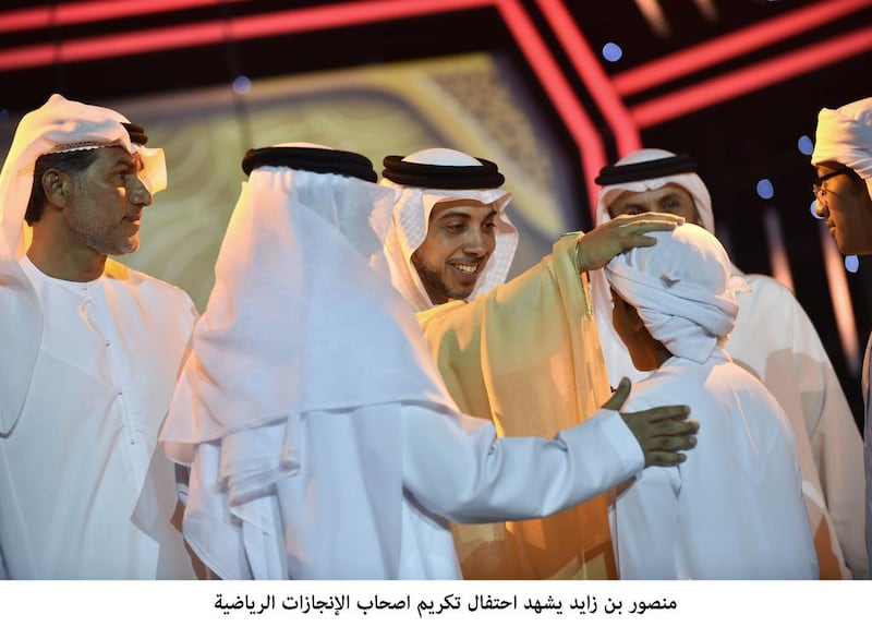 Sheikh Mansour bin Zayed, Deputy Prime Minister and Minister of Presidential Affairs, attends a celebration of the UAE’s sporting family to honour national athletic achievements in 2016. This included the honouring of Sheikh Mohammed bin Hamad bin Mohammed Al Sharqi, Crown Prince of Fujairah, as Sports Personality of the Year 2016. Wam