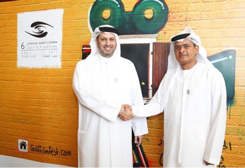 Dubai International Film Festival Chairman Abdulhamid Juma and the director general of Watani, H.E. Dherar Belhoul about a new initiative announced for Emirati filmmakers called 'Filmi' today CREDIT; gulf Film festival