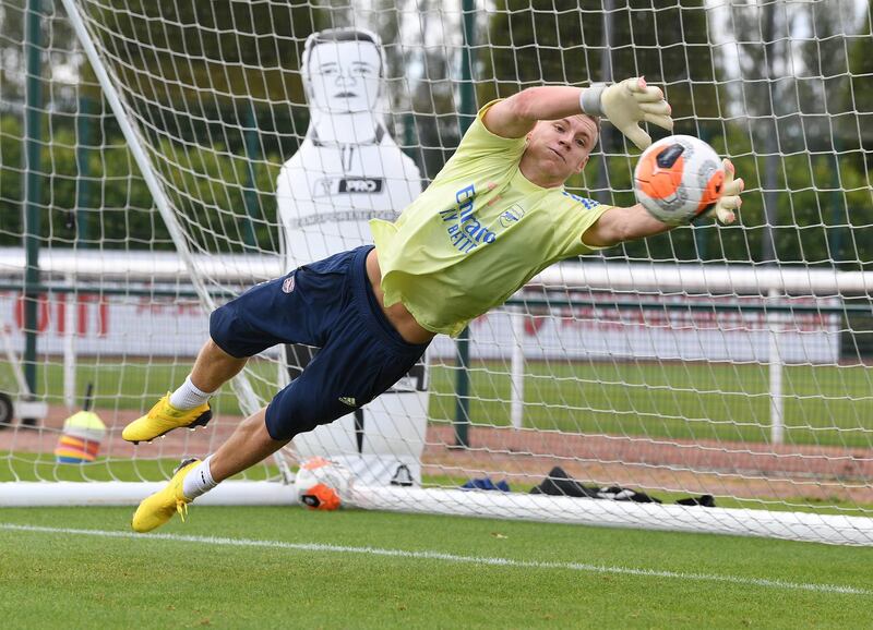 ST ALBANS, ENGLAND - JULY 29: Bernd Leno of Arsenal during a training session at London Colney on July 29, 2020 in St Albans, England. (Photo by Stuart MacFarlane/Arsenal FC via Getty Images)