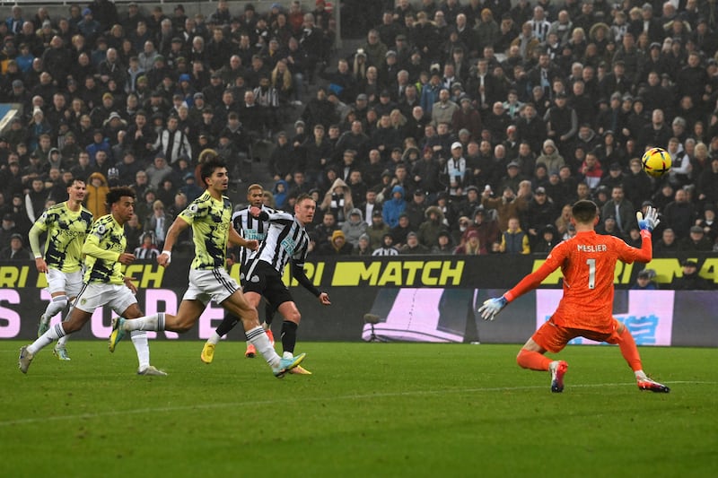 Newcastle midfielder Sean Longstaff shoots wide of the target in the second half. Getty