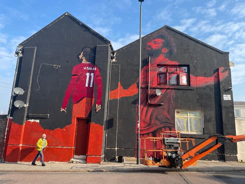 A mural of Liverpool's Egyptian star player Mohamed Salah at Anfield Road. PA