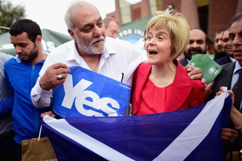 SNP deputy leader Nicola Sturgeon meets with worshippers at Glasgow Central Mosque during the Yes campaign for the Scottish referendum on  independence on September 5. Jeff J Mitchell / Getty Images