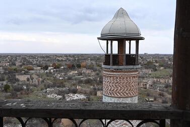 A minaret of the mosque in Agdam. Azerbaijan reclaimed the town from ethnic Armenians after almost 30 years during fighting over Nagorno-Karabakh conflict last year, but it had been destroyed. Finbar Anderson / The National