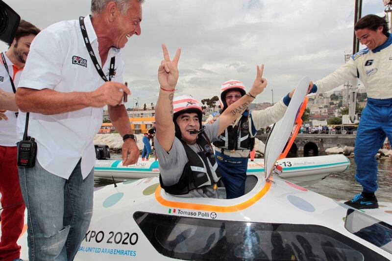 Argentinean football legend Diego Maradona got his first taste of driving an XCAT powerboat at the third round of the UIM Skydive Dubai XCAT World Series in Naples, Italy. Photo Courtesy: XCAT World Series