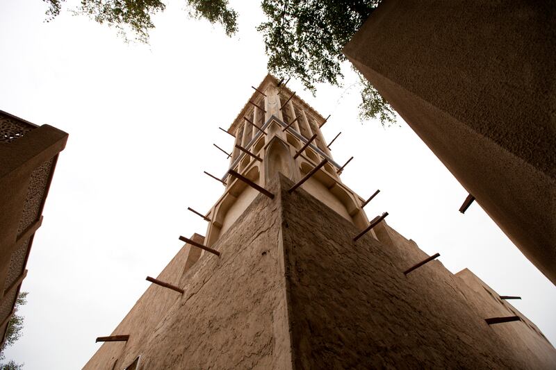 Dubai - April 17 2012 - The exterior of a wind tower in Dubai's historic Bastakiya area. The majority of buildings, wind towers and residences in Bastakiya comprise of gypsum and stone and are thought to date back to as far as 1890. The historic area is now home so many guest houses, art cafes and galleries. (Razan Alzayani/ The National) 