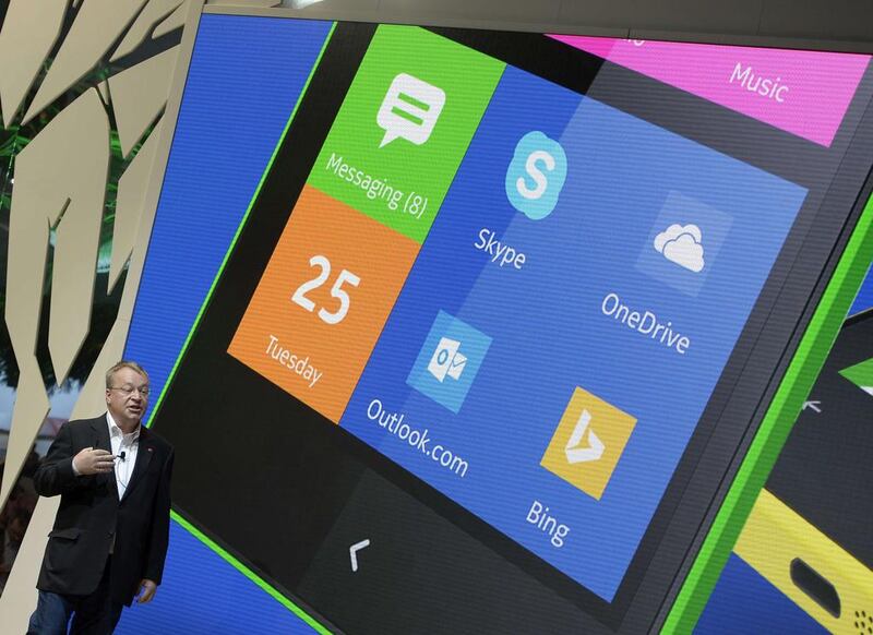 Nokia chief executive Stephen Elop presents the new Nokia XL at the Mobile World Congress in Barcelona, on February 24, 2014. Lluis Gene / AFP

