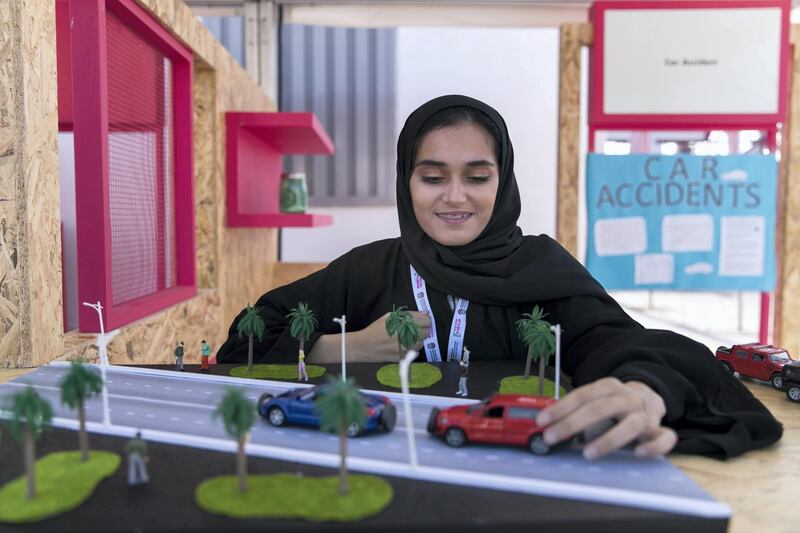 ABU DHABI, UNITED ARAB EMIRATES - JANUARY 31, 2019.

Fatima Saif Al Ali's, 18, a international relations student at Zayed University, project introduces magnets in the front and back of cars to stop collisions and avoid accident injuries.

It is currently exhibiting in Abu Dhabi Science Festival at the corniche in Abu Dhabi.

The event focuses on STEAM subjects (science, technology, engineering, arts and mathematics). Around 200 innovators are displaying their projects at the three host venues over 10 days.

(Photo by Reem Mohammed/The National)

Reporter: GILLIAN DUNCAN
Section:  NA