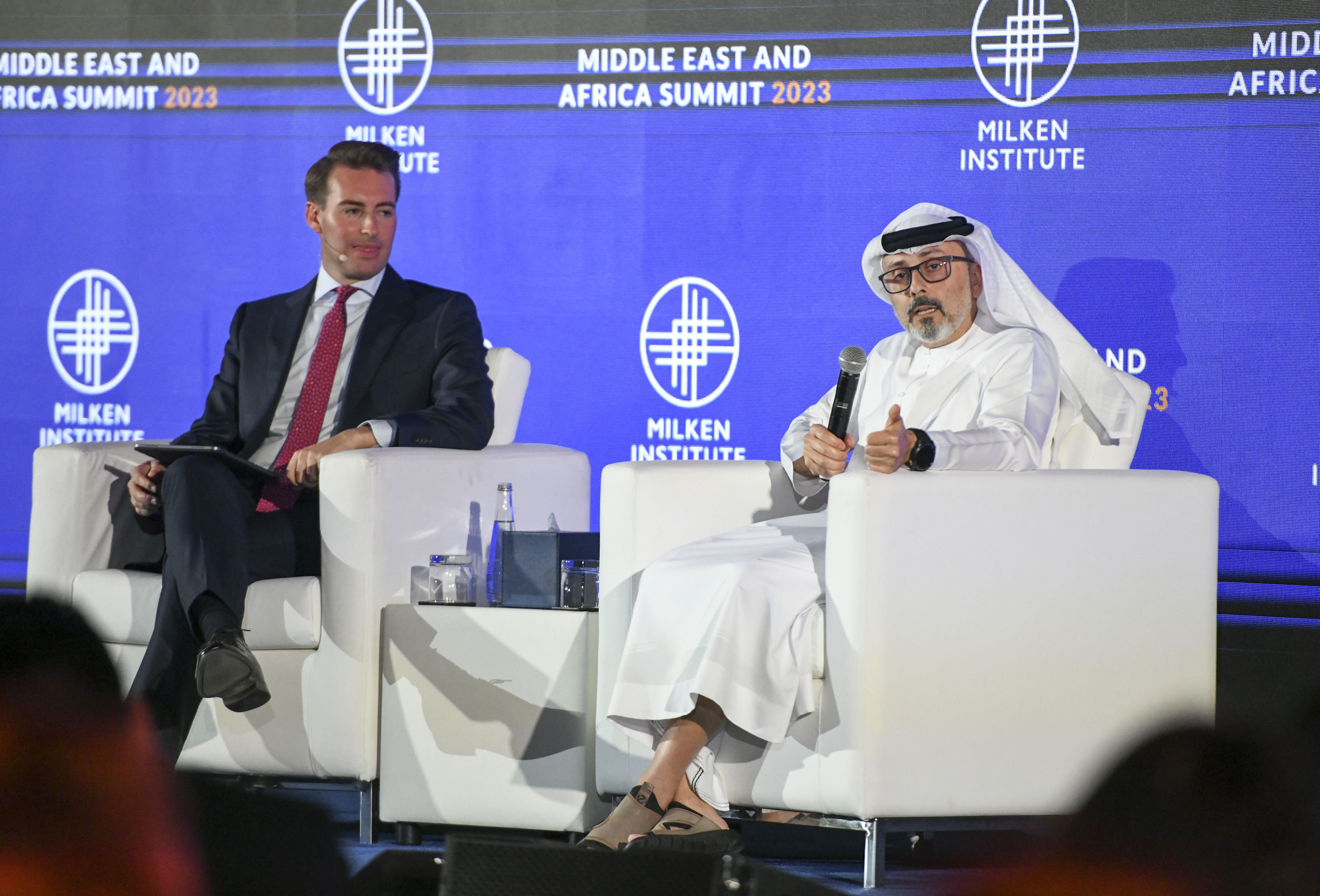 Waleed Al Muhairi, deputy group chief executive of Mubadala, speaking at the Milken summit in Abu Dhabi on Thursday. Khushnum Bhandari / The National