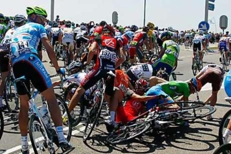 One of three crashes during the first stage of the Tour de France yesterday.