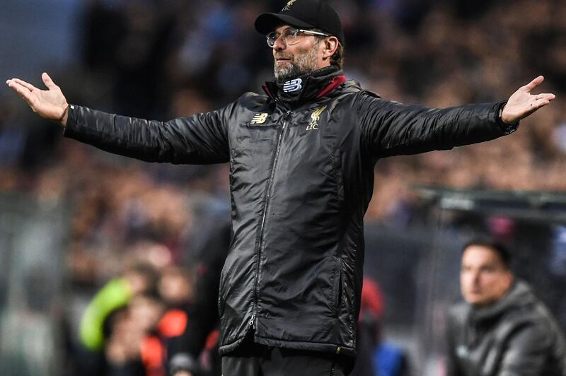 Liverpool's German coach Jurgen Klopp gestures during the UEFA Champions League quarter-final second leg football match between FC Porto and Liverpool at the Dragao stadium in Porto on April 17, 2019. / AFP / PATRICIA DE MELO MOREIRA
