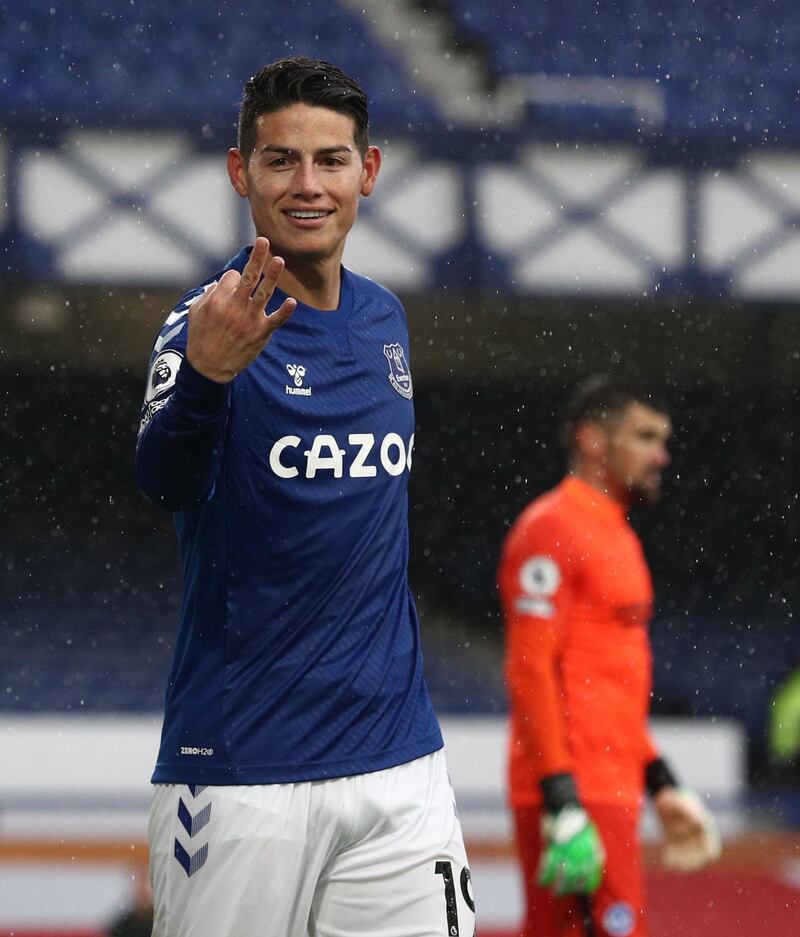 James Rodriguez celebrates scoring Everton's fourth goal against Brighton. EPA