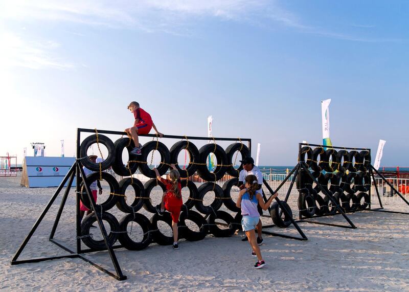DUBAI, UNITED ARAB EMIRATES. 18 OCTOBER 2019. 
Kids Tough Mudder challenge at Kite Beach Fitness Village.

The city launches the third edition of the Dubai Fitness Challenge (DFC) today with wide range of activities across the city that will be accessible to the entire Dubai community.   Here, Kites Beach is converted into a dedicated fitness village with different zones for free outdoor activities.

(Photo: Reem Mohammed/The National)

Reporter:
Section: