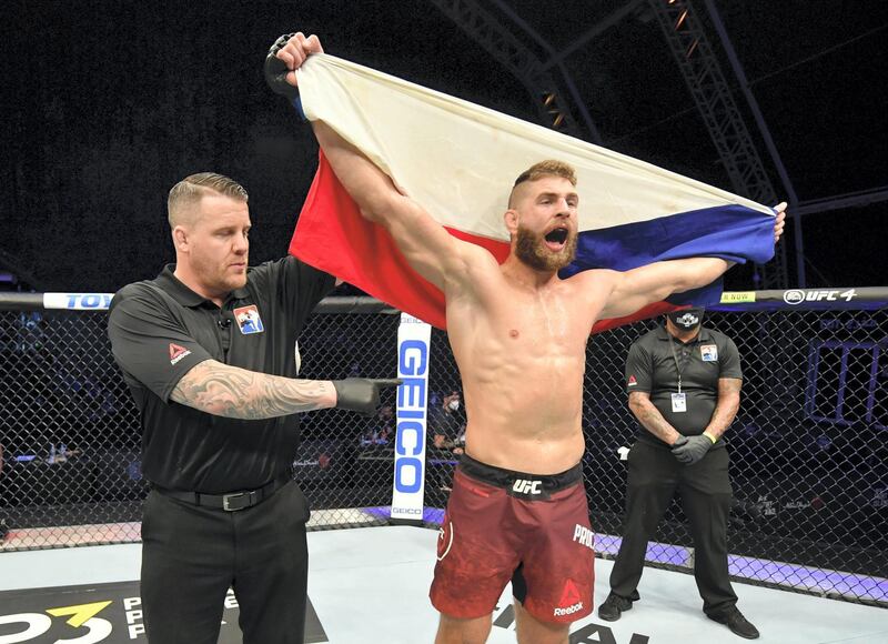 ABU DHABI, UNITED ARAB EMIRATES - JULY 12: Jiri Prochazka of the Czech Republic celebrates after his knockout victory over Volkan Oezdemir in their light heavyweight fight during the UFC 251 event at Flash Forum on UFC Fight Island on July 12, 2020 on Yas Island, Abu Dhabi, United Arab Emirates. (Photo by Jeff Bottari/Zuffa LLC)